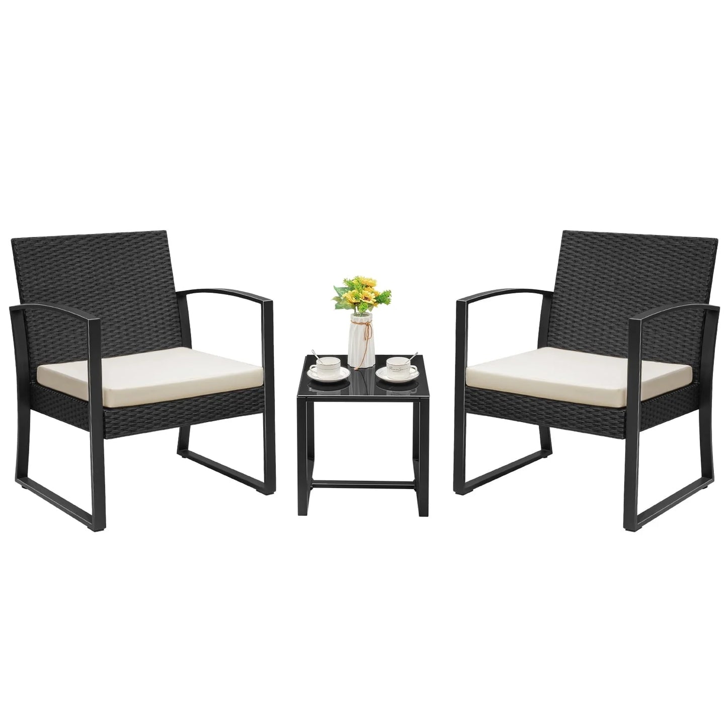 Devoko 3 Pieces Outdoor Plastic Bistro Set Patio Conversation Set with Cushion and Table, White