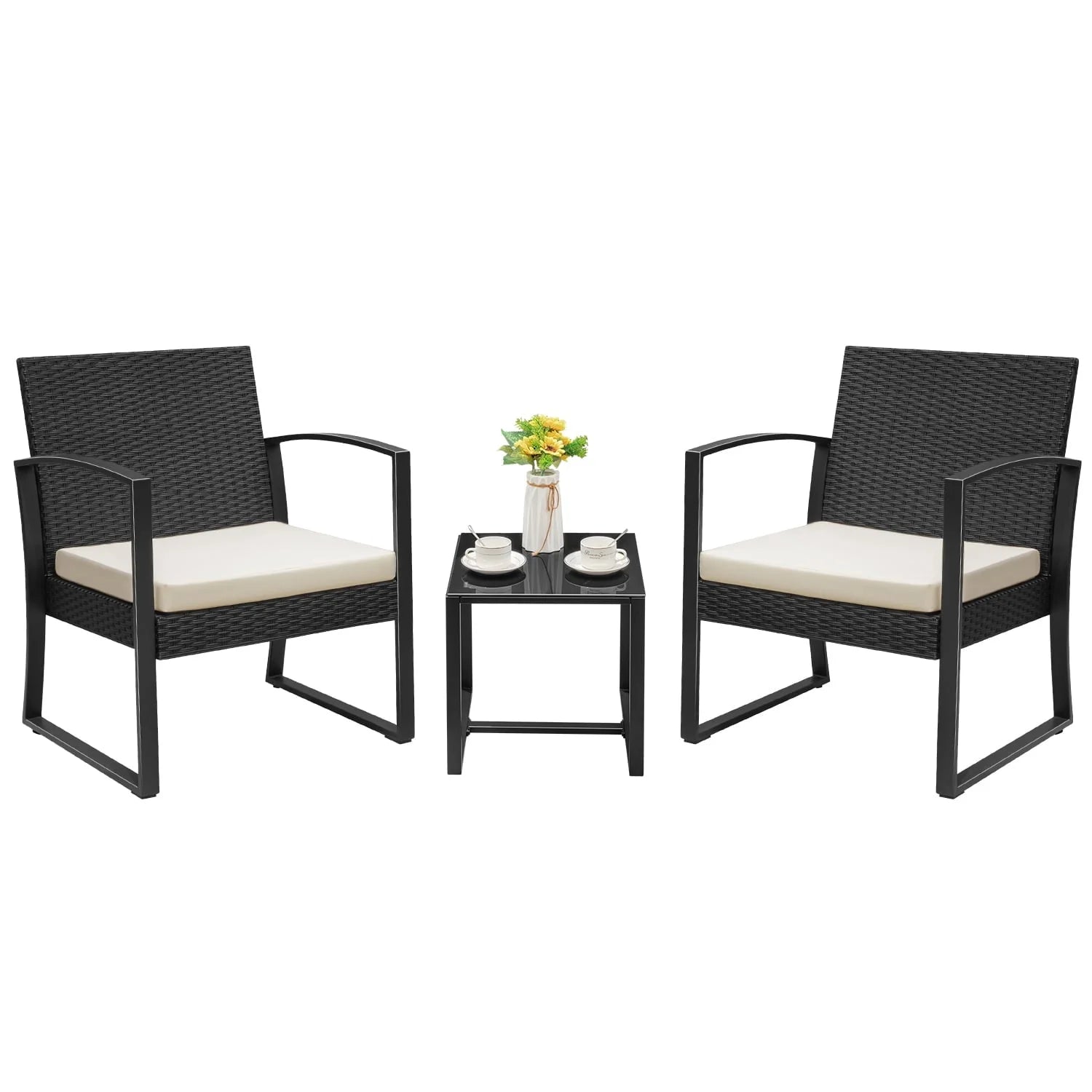 Devoko 3 Pieces Outdoor Plastic Bistro Set Patio Conversation Set with Cushion and Table, White