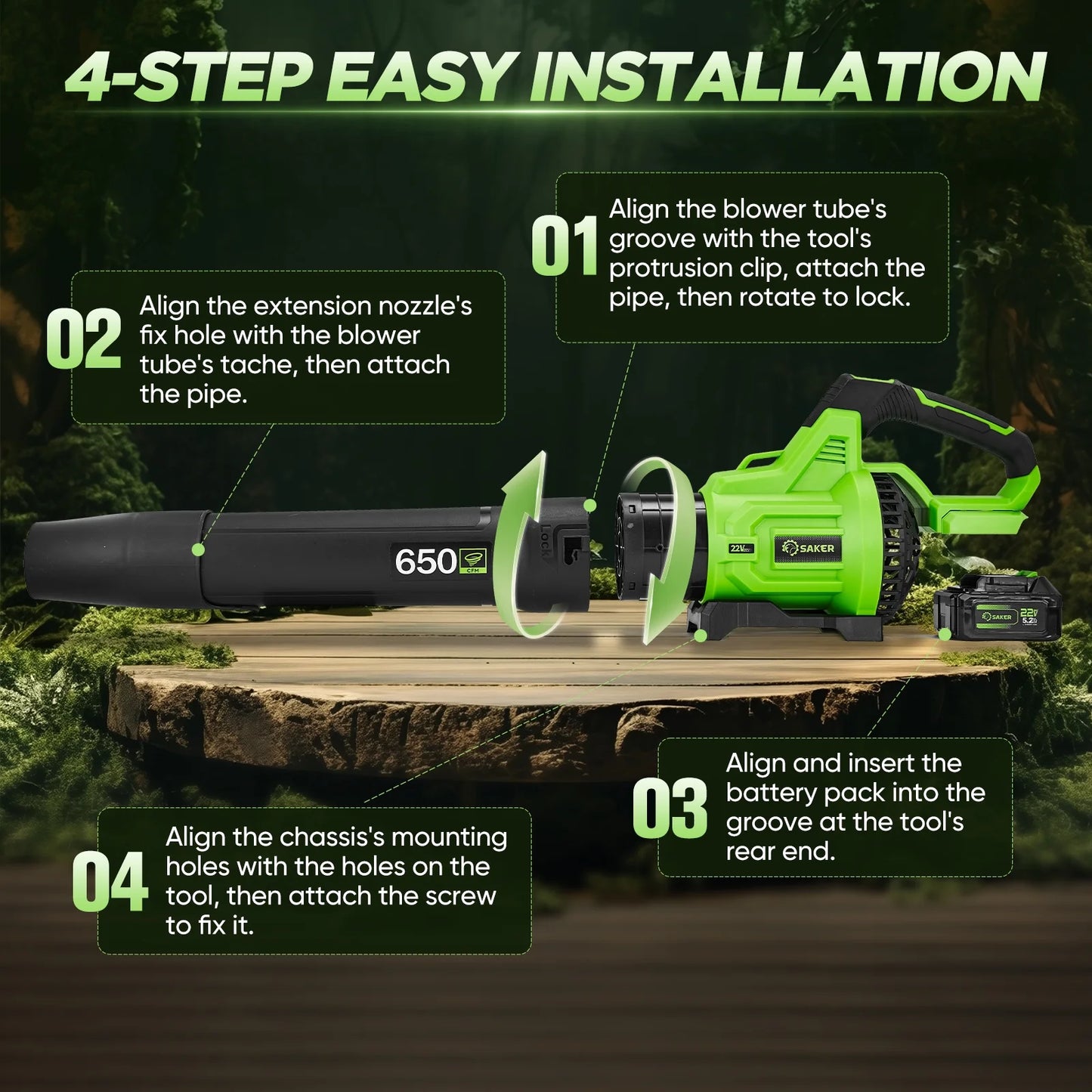 Saker Cordless Leaf Blower with 2x 5.2Ah Batteries, 650CFM, 150MPH, 3 Speed Levels, Electric Leaf Blower for Lawn Care, Leaves Blowing, Patio Cleaning
