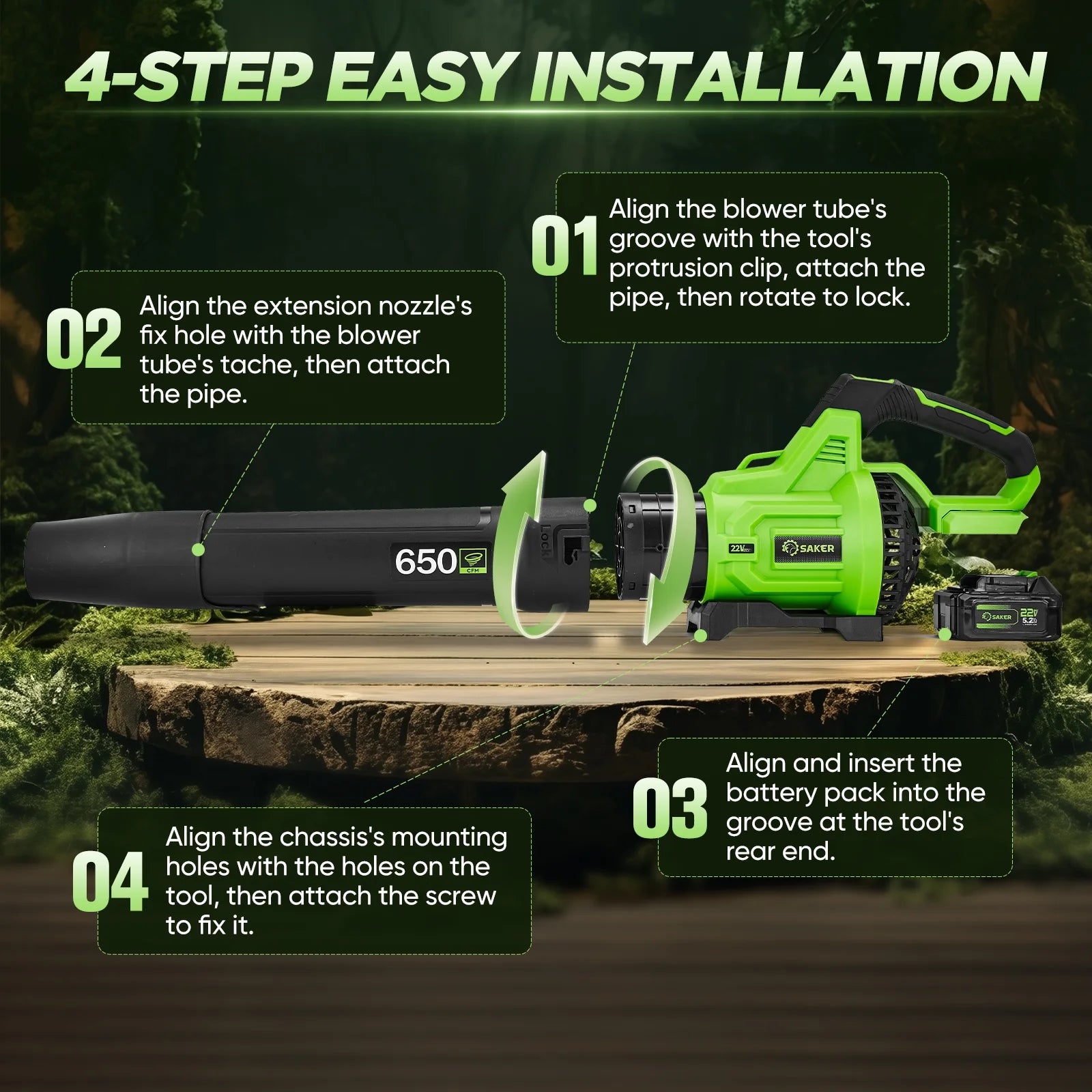 Saker Cordless Leaf Blower with 2x 5.2Ah Batteries, 650CFM, 150MPH, 3 Speed Levels, Electric Leaf Blower for Lawn Care, Leaves Blowing, Patio Cleaning