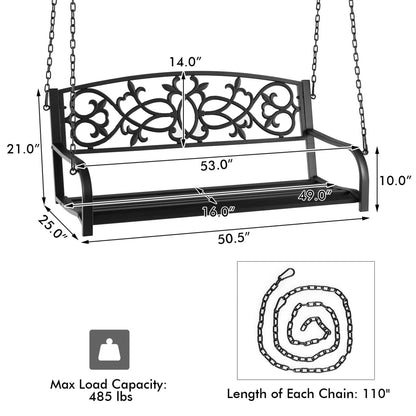 Gymax Patio Hanging Porch Swing 2-Person Outdoor Metal Swing Bench Chair w/Chains Brown