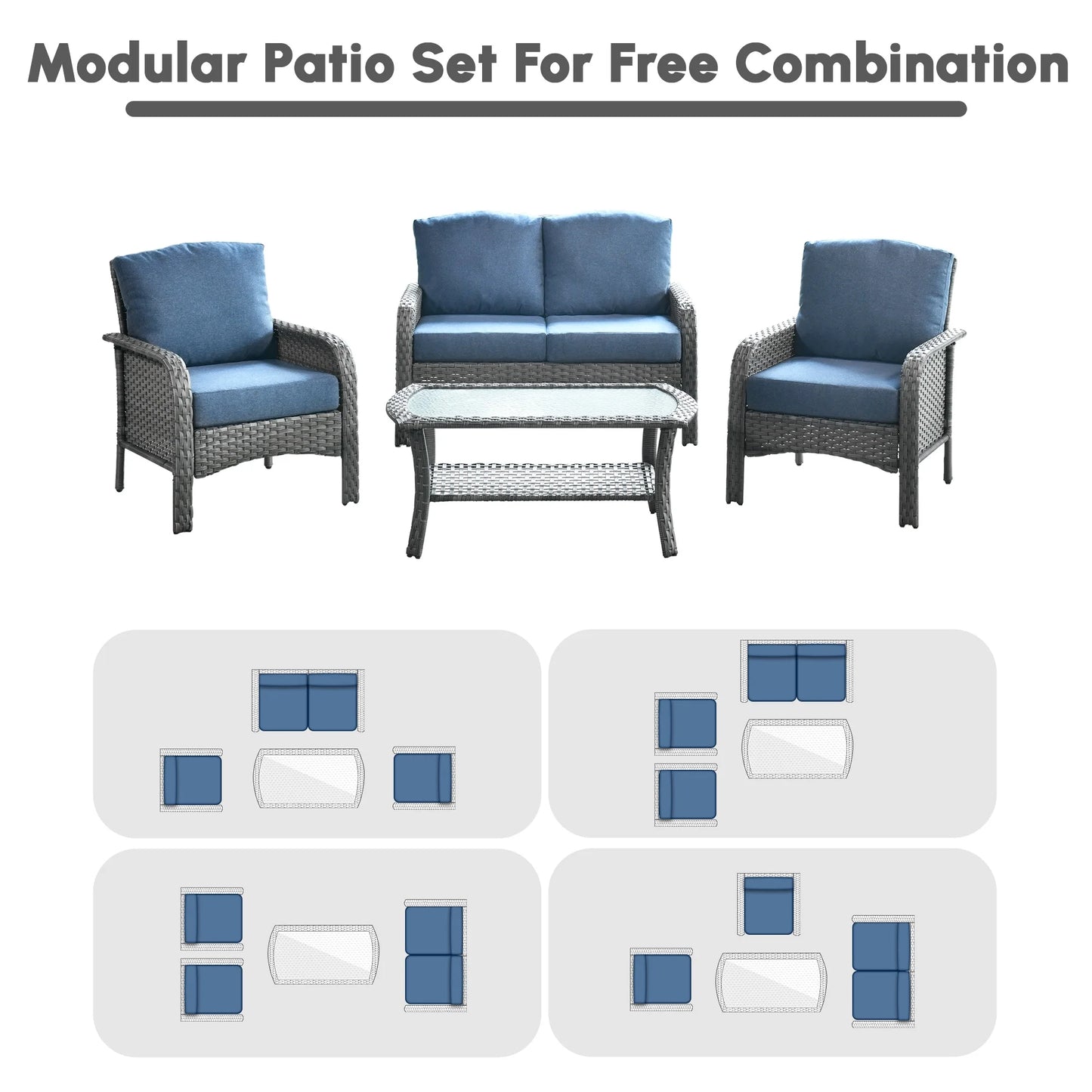 Ovios 4 Pieces Wicker Outdoor Patio Furniture with Coffee Table High Back All Weather Rattan Outdoor Sectional Conversation Set for Backyard Porch Garden, Denim Blue