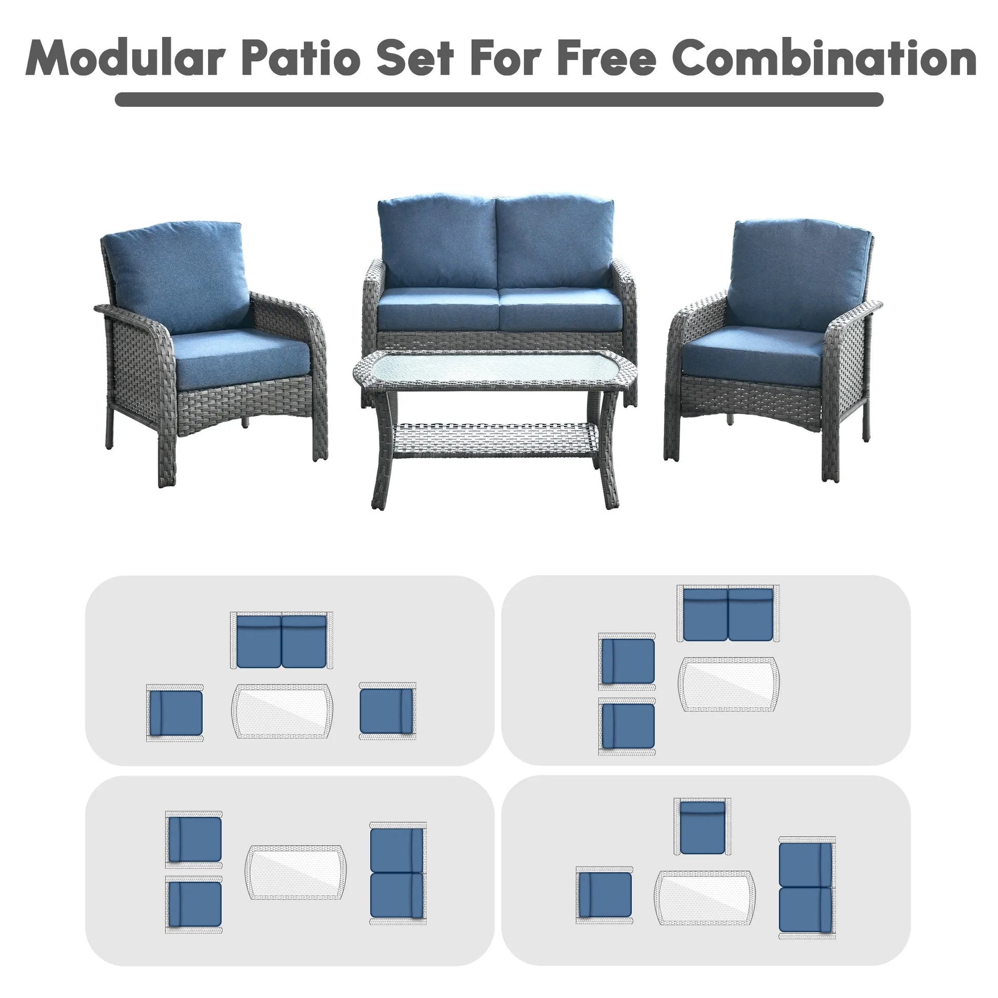 Ovios 4 Pieces Wicker Outdoor Patio Furniture with Coffee Table High Back All Weather Rattan Outdoor Sectional Conversation Set for Backyard Porch Garden, Denim Blue