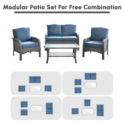 Ovios 4 Pieces Wicker Outdoor Patio Furniture with Coffee Table High Back All Weather Rattan Outdoor Sectional Conversation Set for Backyard Porch Garden, Denim Blue