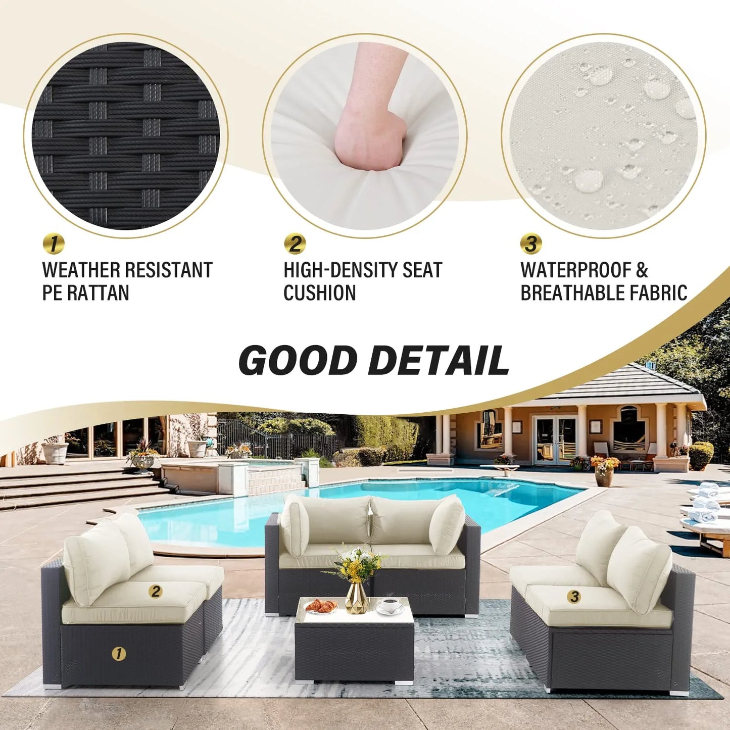 LAUSAINT HOME 7 Pieces Patio Conversation Set, Outdoor Sectional PE Rattan Wicker Furniture Seat (Beige)