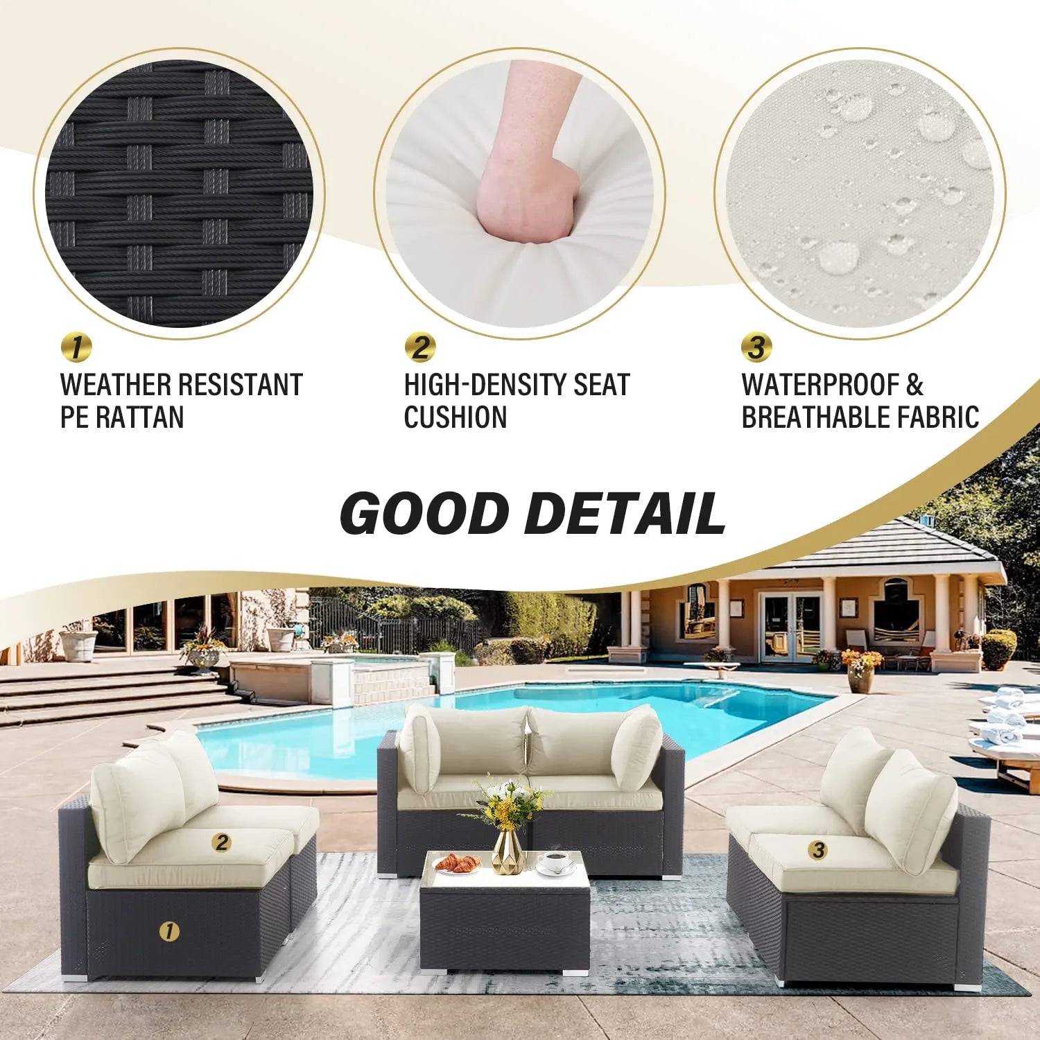 LAUSAINT HOME 7 Pieces Patio Conversation Set, Outdoor Sectional PE Rattan Wicker Furniture Seat (Beige)