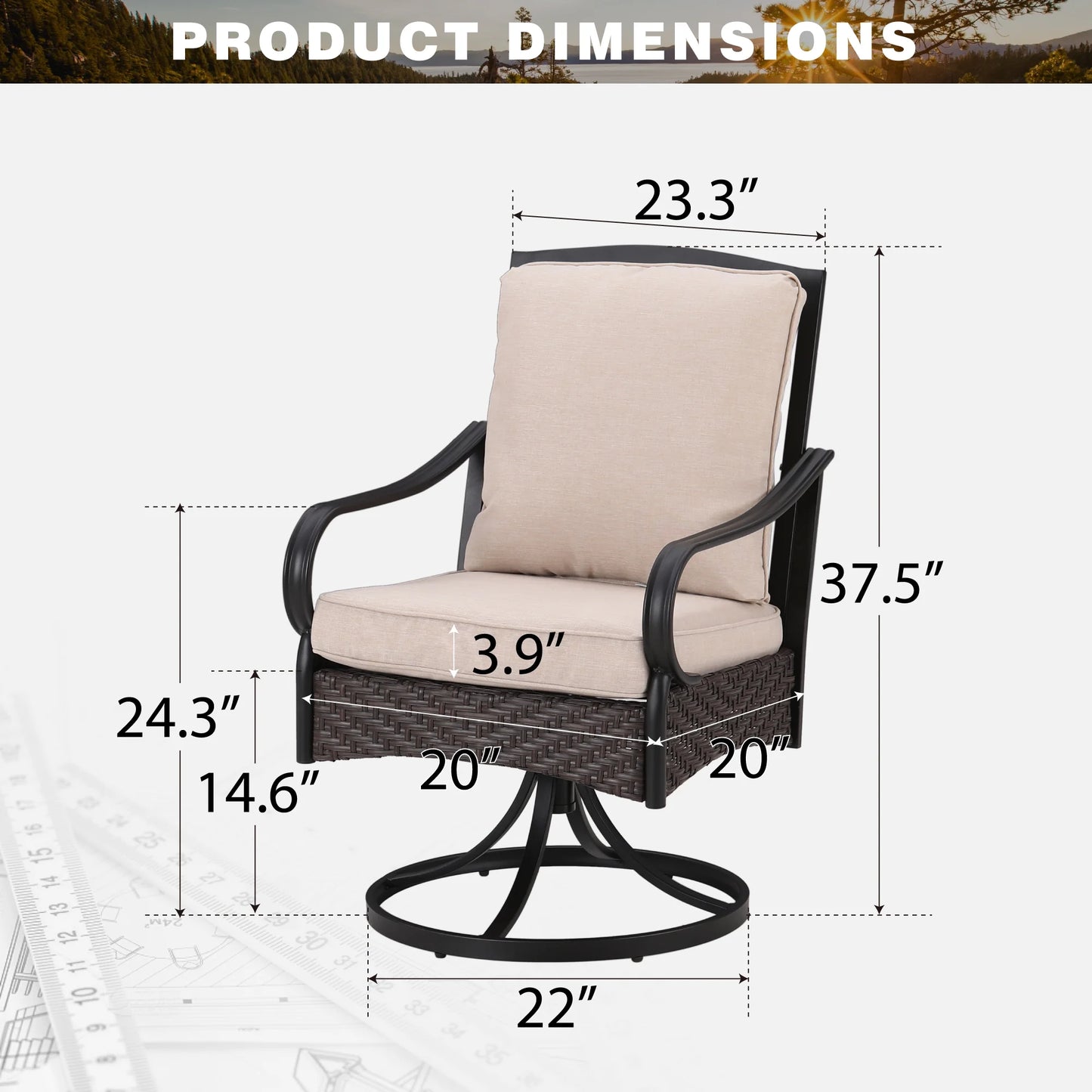 Summit Living Outdoor Patio Swivel Dining Chairs Set of 2 with Cushions, Wicker Outdoor Lounge Chair, Black & Beige