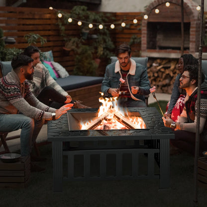 KingChii 32" Fire Pit Table Wood Burning Square Metal Firepit for Outdoor, Patio Backyard BBQ with Mesh Lid, Poker and Cover, Black