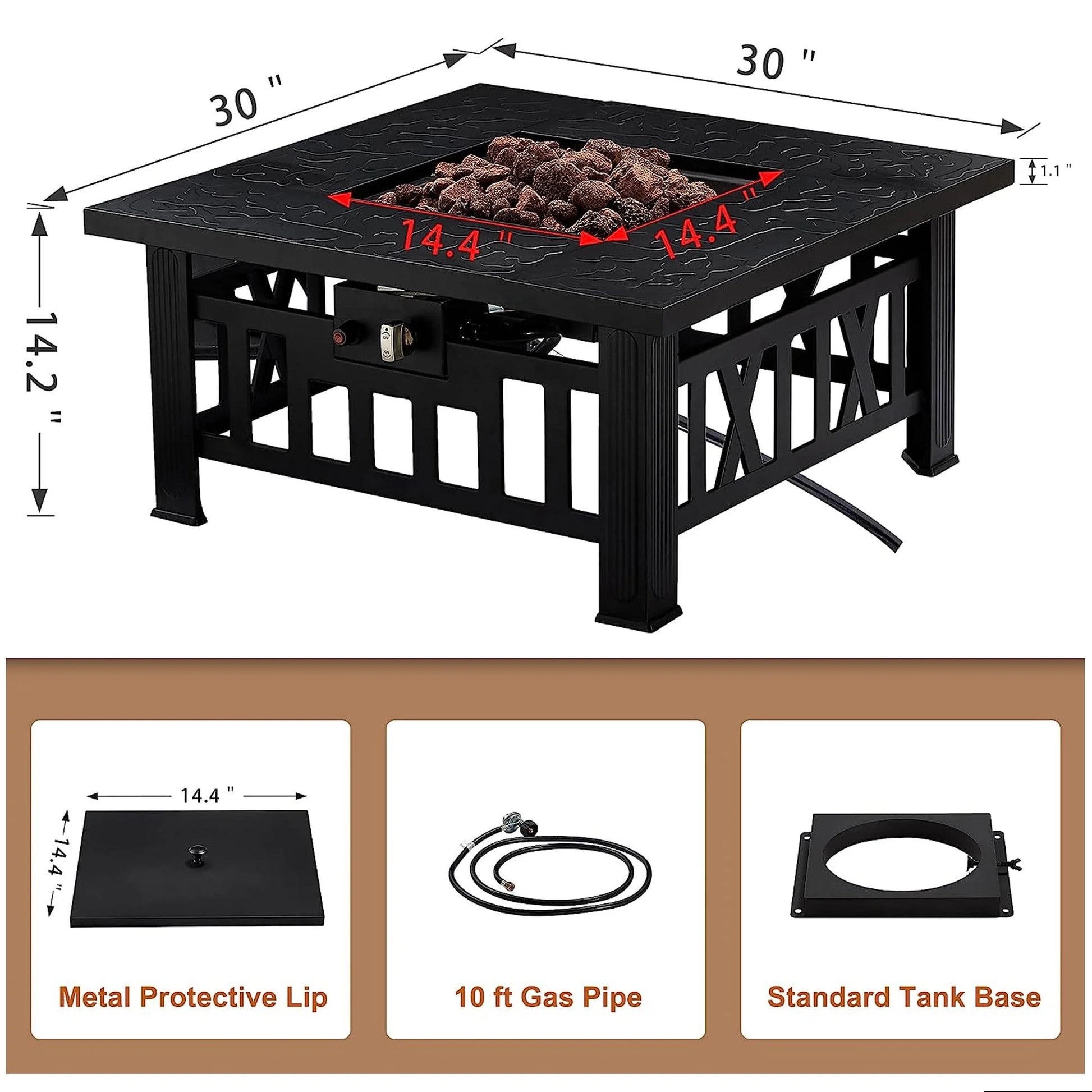 VECELO 30" Square Propane Fire Pit Table, 50,000 BTU Gas Fire Square Fireplace with Lid and Lava Rock for Outdoor, Patio, Backyard, Party, Black