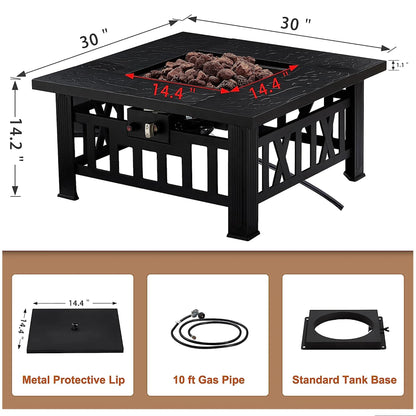VECELO 30" Square Propane Fire Pit Table, 50,000 BTU Gas Fire Square Fireplace with Lid and Lava Rock for Outdoor, Patio, Backyard, Party, Black