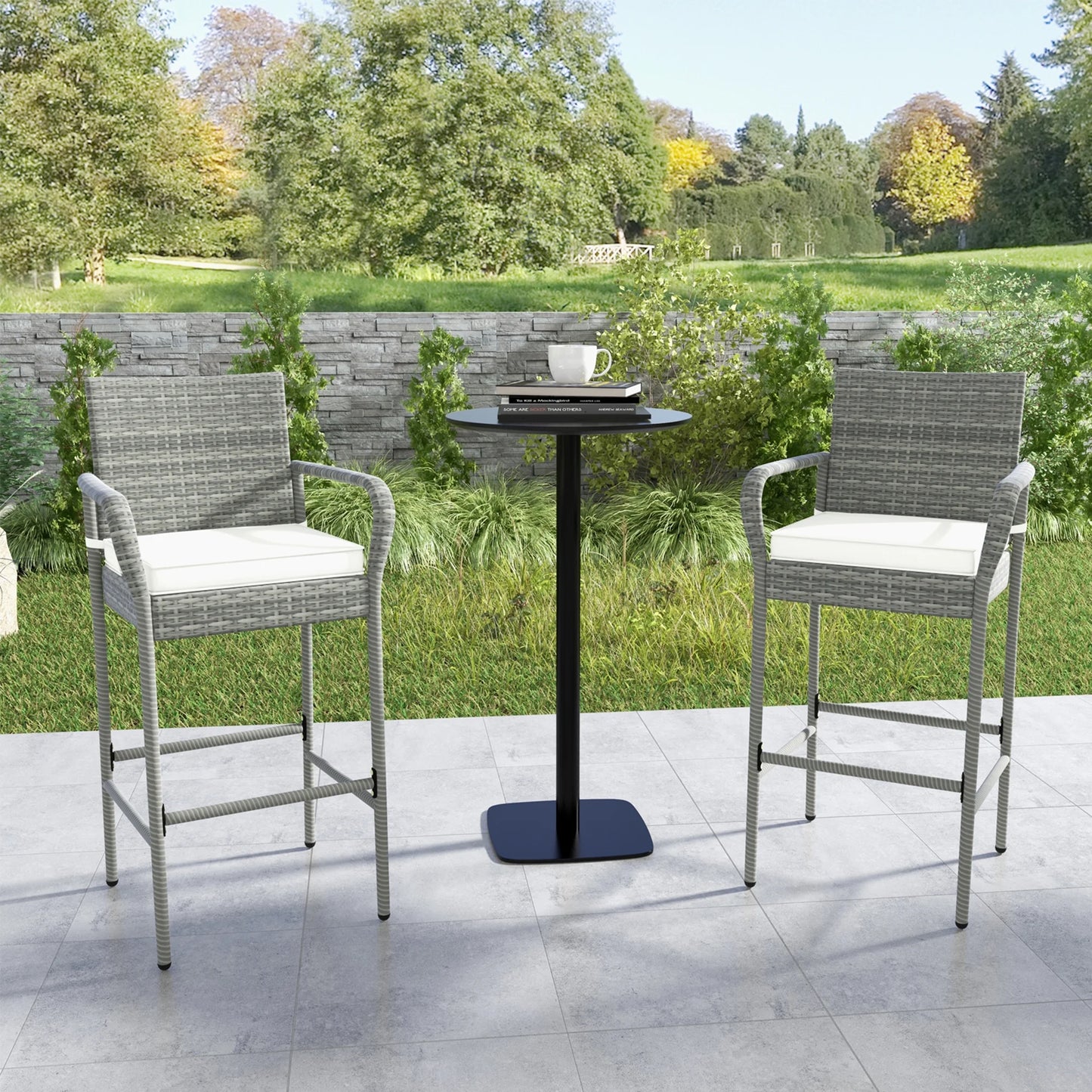 Gymax Set of 4 Rattan Patio Bar Stools Outdoor Bar Height Chairs w/Cushions