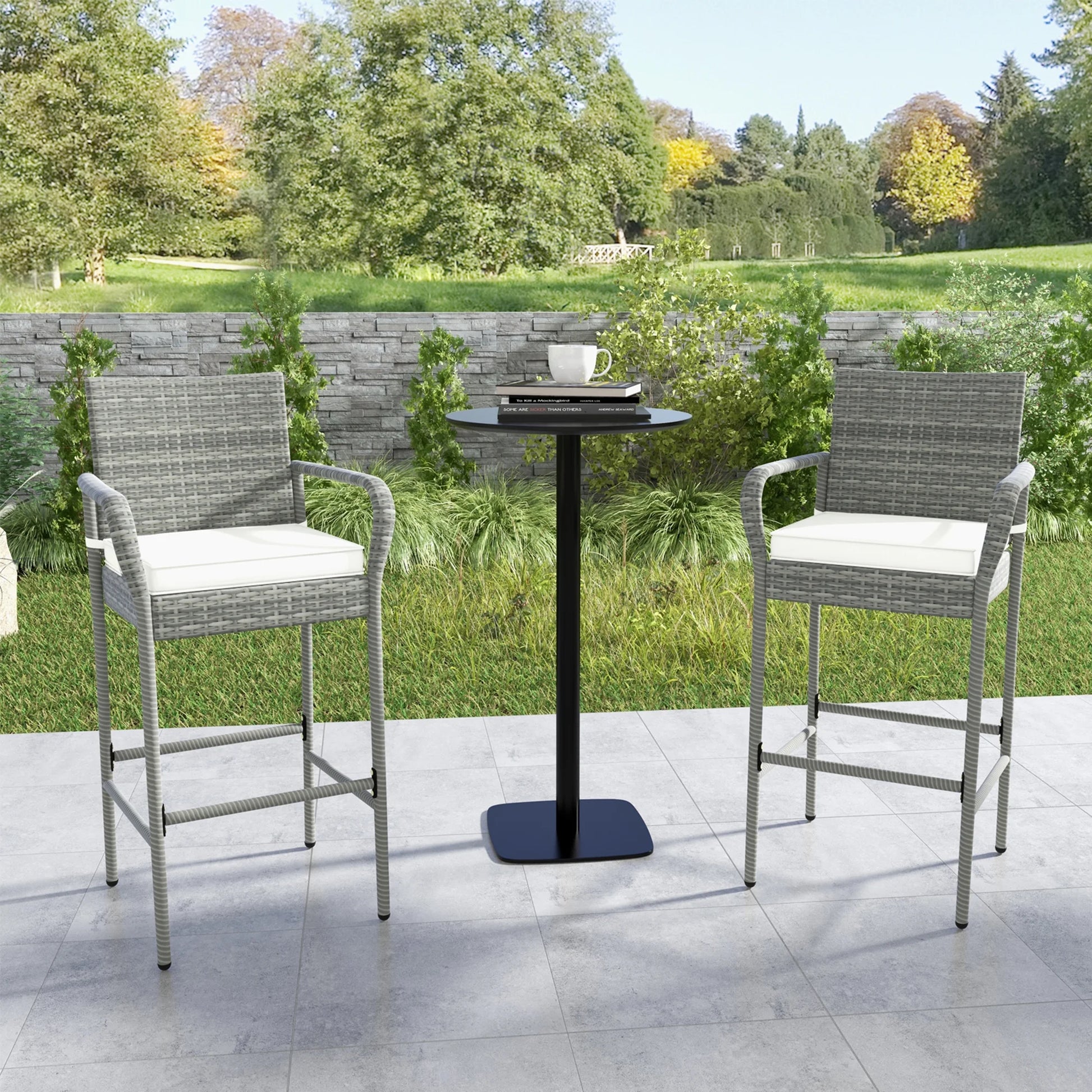 Gymax Set of 4 Rattan Patio Bar Stools Outdoor Bar Height Chairs w/Cushions