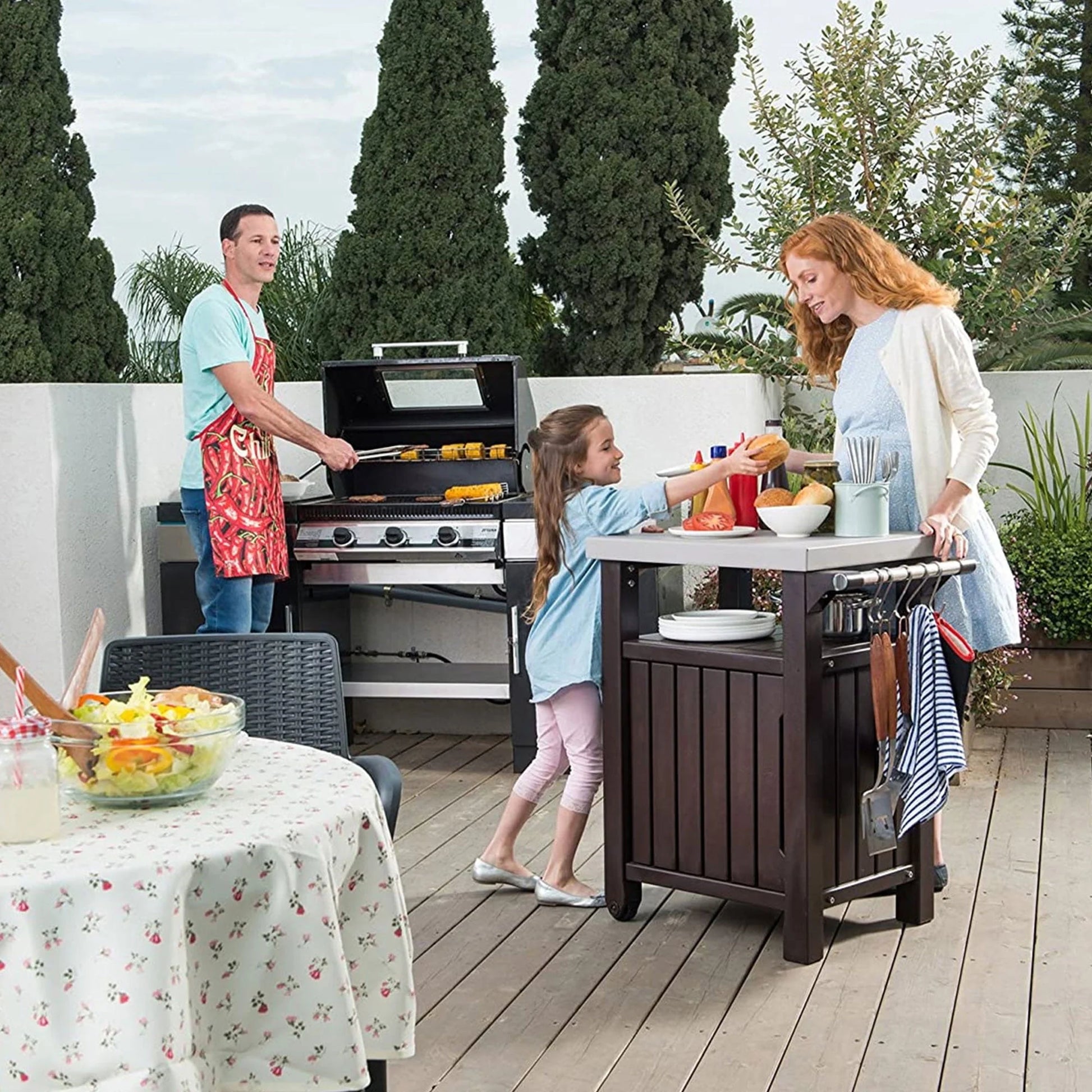 Keter Unity 40 Gal Patio Storage Grilling Bar Cart w/Stainless Top, Brown