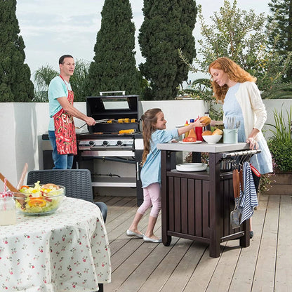 Keter Unity 40 Gal Patio Storage Grilling Bar Cart w/Stainless Top, Brown