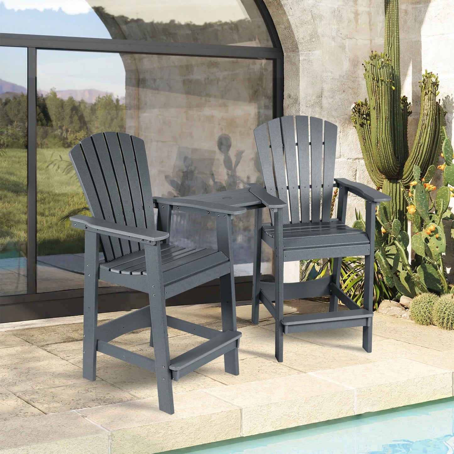 Aoodor Tall Adirondack Chairs Set of 2, HDPE Outdoor Bar Stools with Connecting Tray, Patio Furniture for Backyard, Garden, or Balcony (Gray)