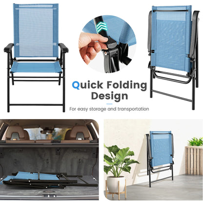 Gymax Patio Metal Camping Breathable and Rip-resistant Folding Chairs, Blue (Set of 4)