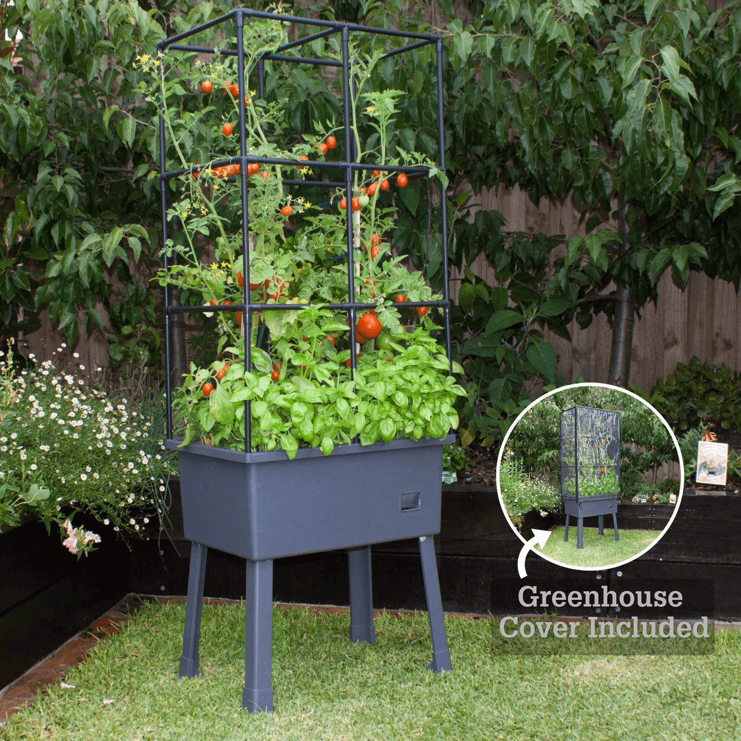 Frame It All Patio Ideas - 15.75" x 23.5" x 63" Self-Watering Elevated Planter with Trellis Frame and Greenhouse Cover
