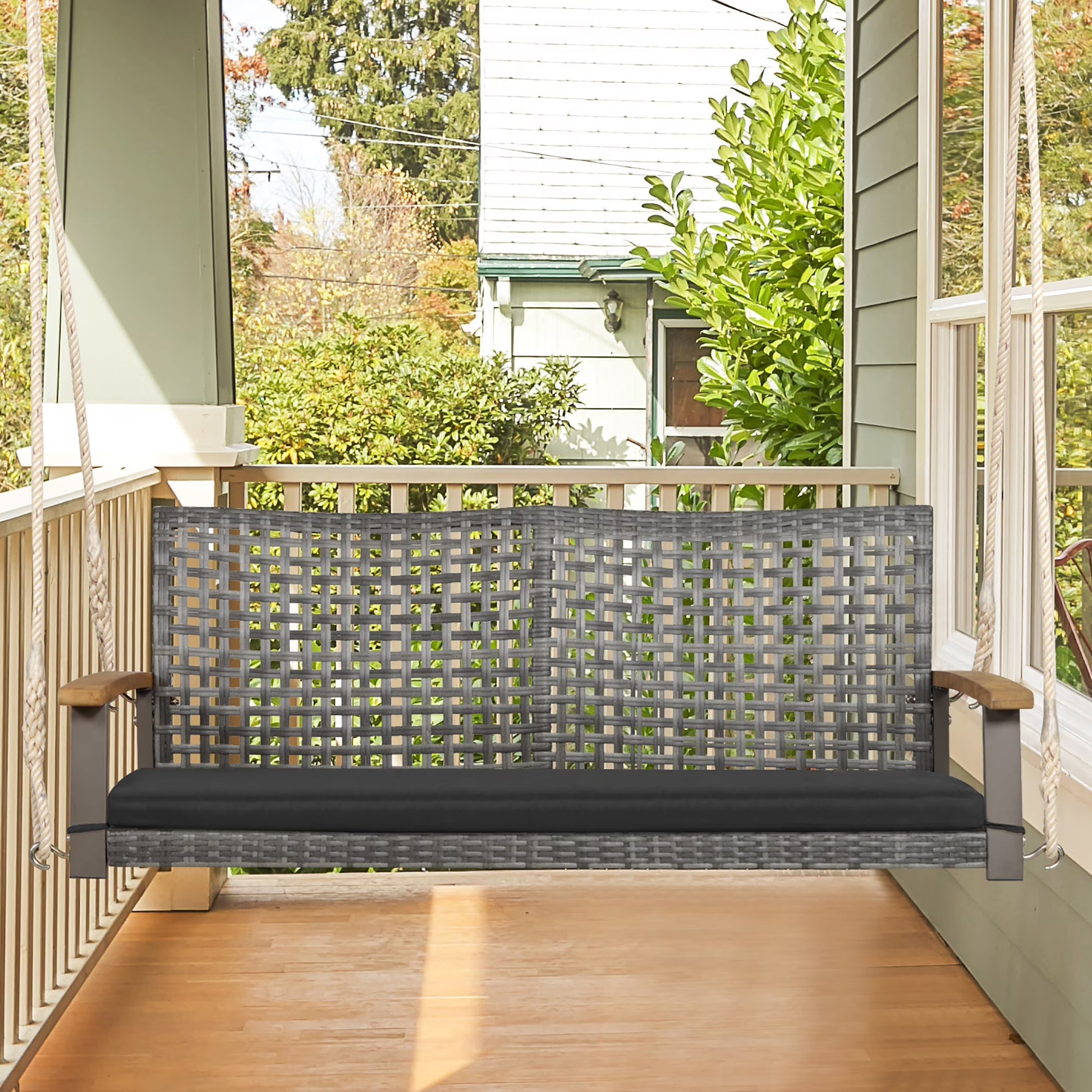 Gymax Rattan Patio Porch Swing 2-Person Cushioned Swing Chair Bench w/Hanging Ropes Off White