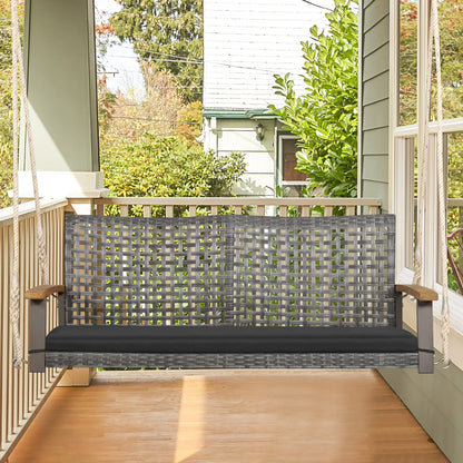 Gymax Rattan Patio Porch Swing 2-Person Cushioned Swing Chair Bench w/Hanging Ropes Off White