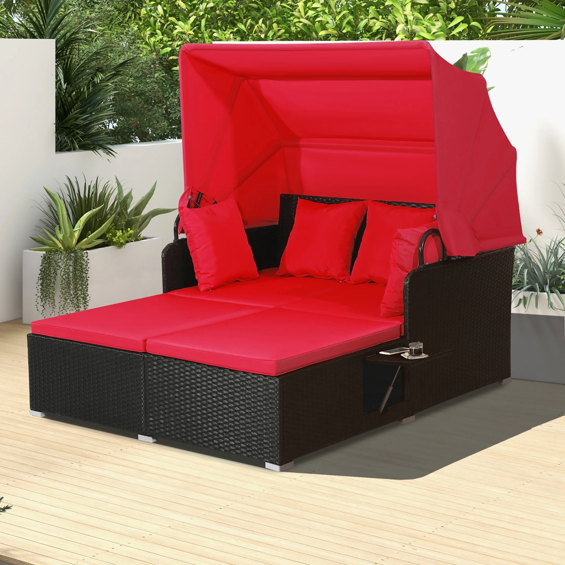 Costway Patio Rattan Daybed Lounge Retractable Top Canopy Side Tables Cushions Red