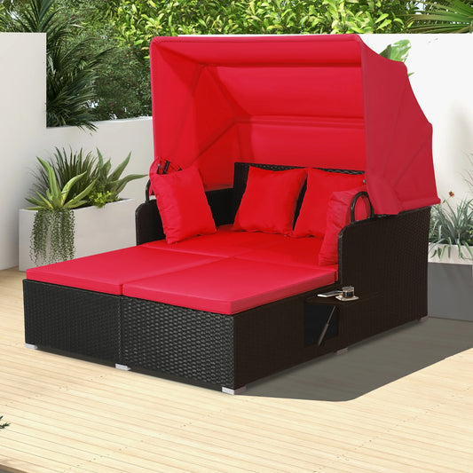 Costway Patio Rattan Daybed Lounge Retractable Top Canopy Side Tables Cushions Red