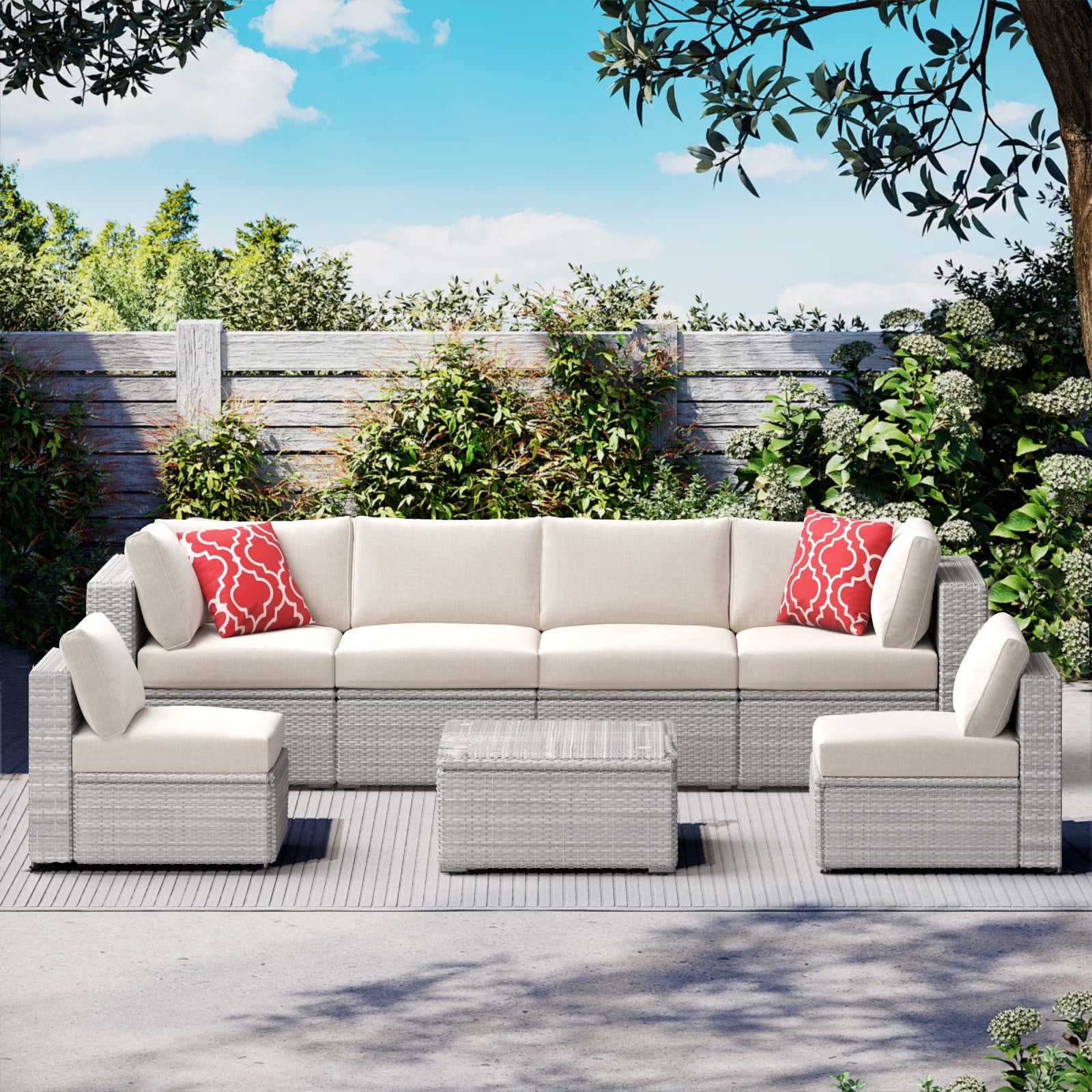 HighSound 7 Piece Patio Furniture Set, Outdoor Wicker Patio Sectional Sofa, All Weather PE Rattan Outdoor Sectional with Cushion & Coffee Table, Khaki
