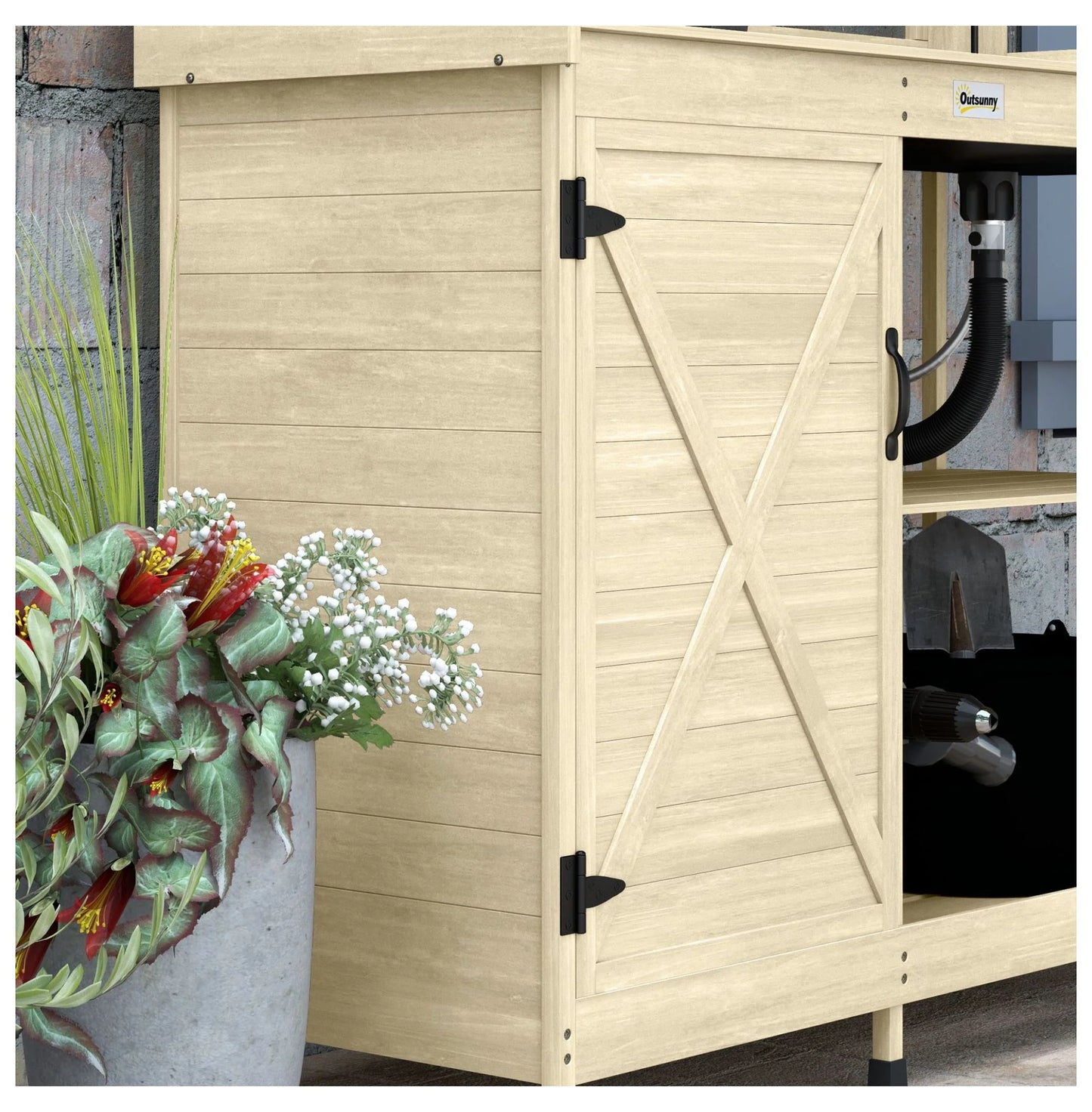 Wooden Potting Bench with Storage, Sink & Tap - Outdoor Gardening Station for Patio, Backyard, Balcony - Natural Finish