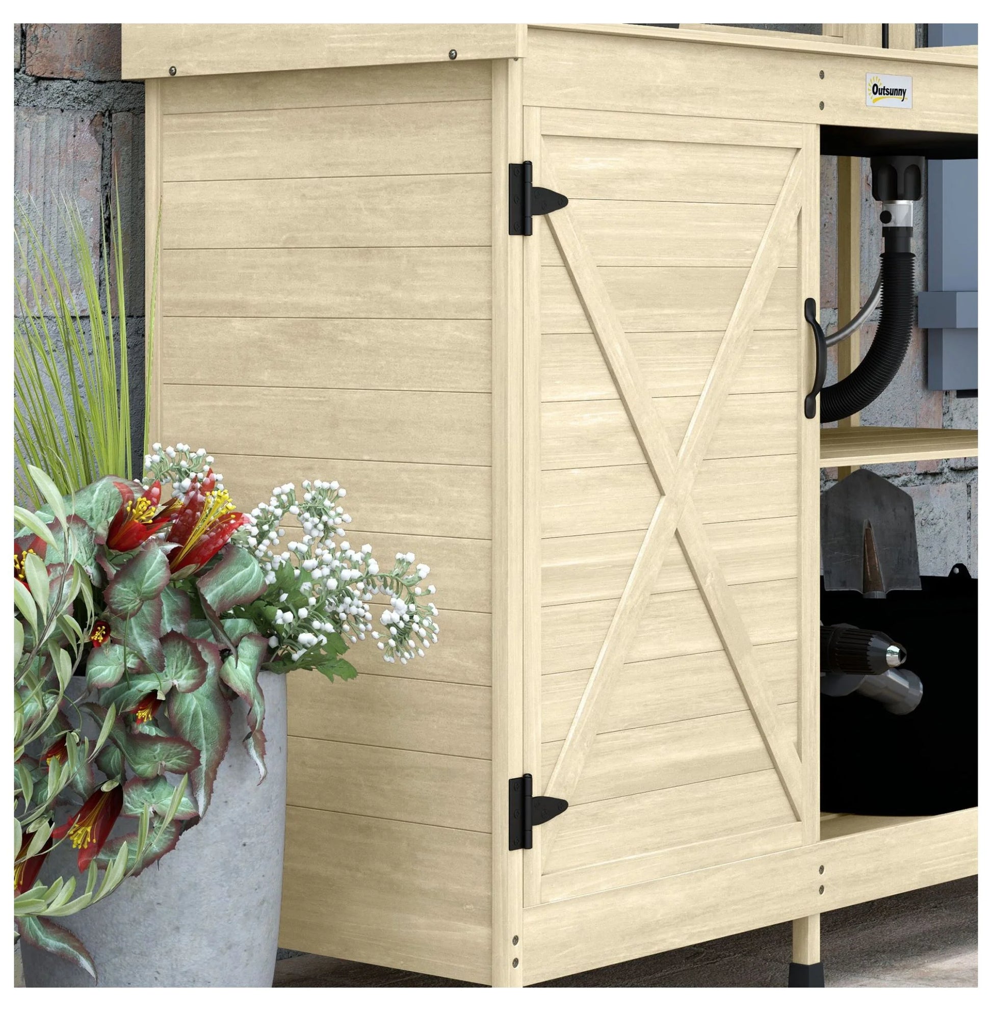 Wooden Potting Bench with Storage, Sink & Tap - Outdoor Gardening Station for Patio, Backyard, Balcony - Natural Finish