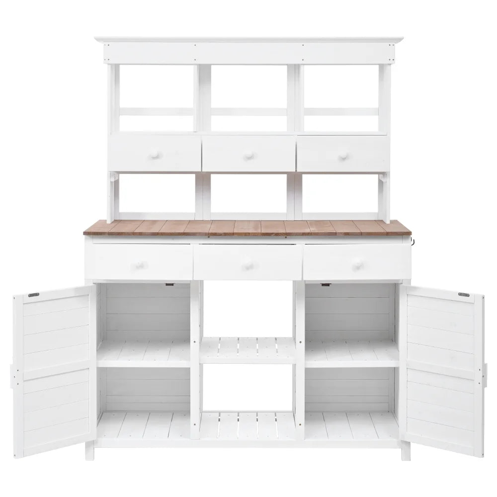 Rustic 65.7'' Tall Garden Potting Bench Table with Hutch, 3 Shelves, 6 Drawers, 2 Cabinets & 3 Side Hooks for Mudroom, Patio, 3 Color