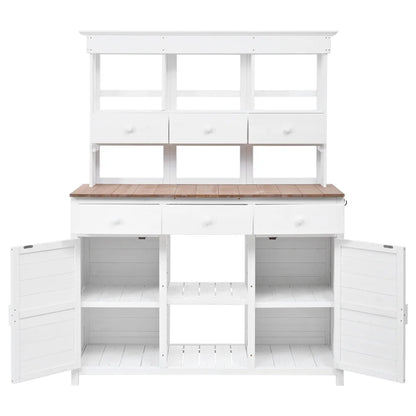 Rustic 65.7'' Tall Garden Potting Bench Table with Hutch, 3 Shelves, 6 Drawers, 2 Cabinets & 3 Side Hooks for Mudroom, Patio, 3 Color