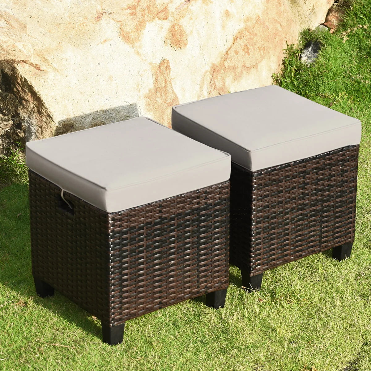 Gymax Set of 2 Patio Rattan Ottoman Footrest Garden Outdoor w/Brown Cushion