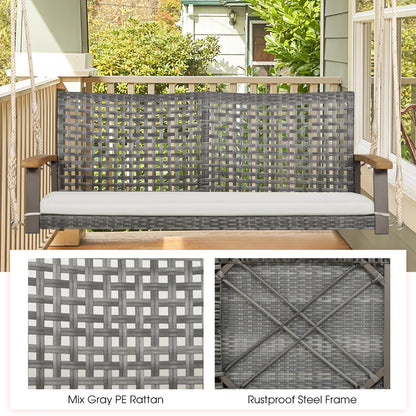 Gymax Rattan Patio Porch Swing 2-Person Cushioned Swing Chair Bench w/Hanging Ropes Off White