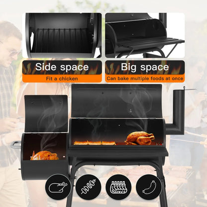 43-inch Charcoal Outdoor BBQ Grill - Portable Camping Grill for 6-10 People, Offset Smoker, Braised Roast, Patio and Backyard Picnic Grill