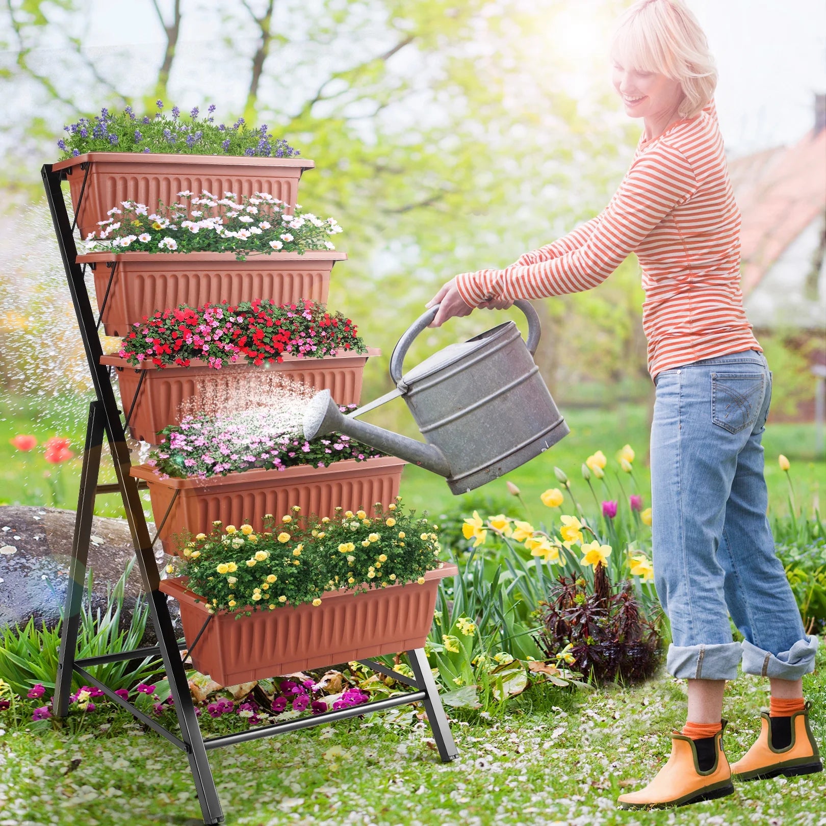 VIBESPARK 4Ft Planter Box 5-Tiers Vertical Raised Garden Bed with Drain for Patio Vegetables, Flowers Herb, 26" x 22.75" x 44.75"