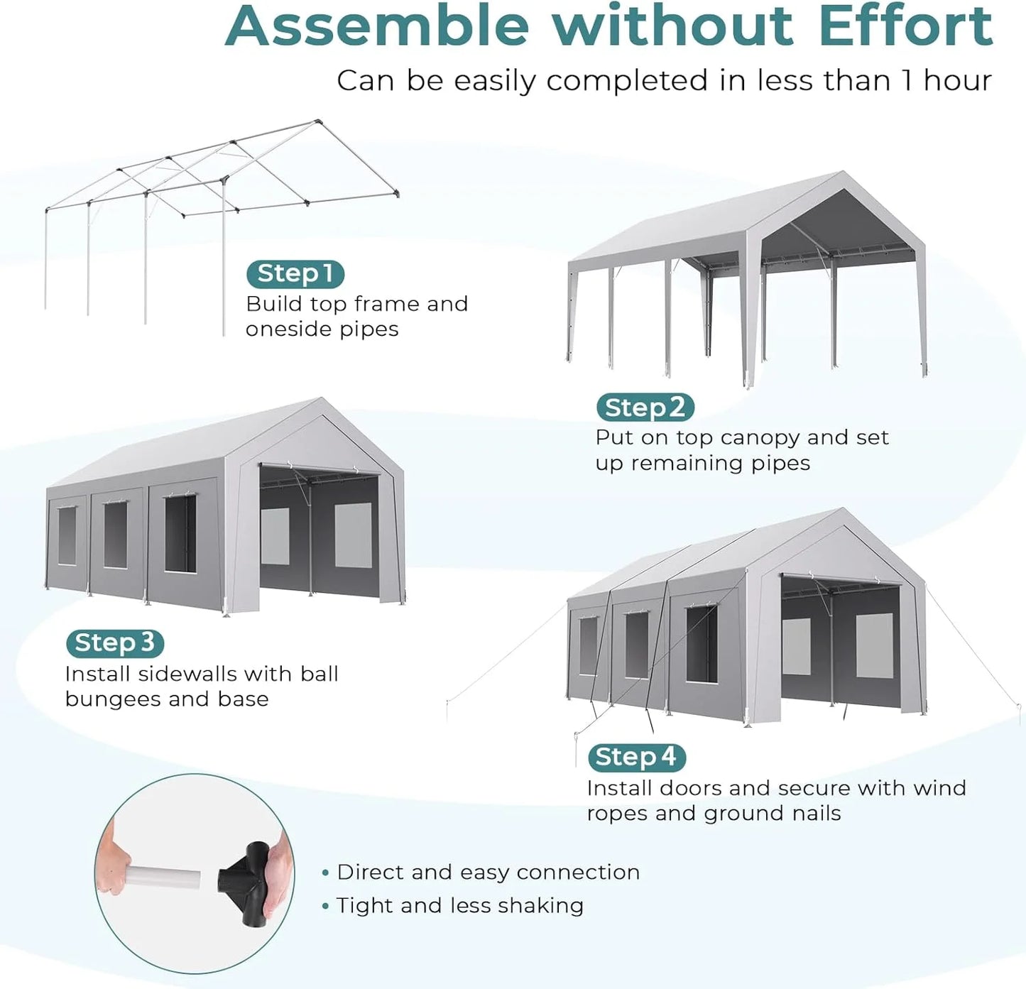 Vitarpatio Carport, 10x20 ft Heavy Duty Car Port Canopy with 6 Roll-up Windows, Reinforced Metal Carport Portable Garage Waterproof Car Tent with Removable Sidewalls & Door