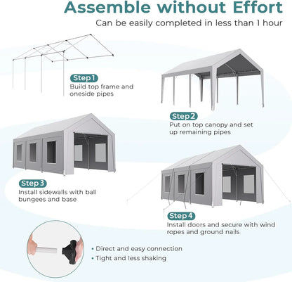 Vitarpatio Carport, 10x20 ft Heavy Duty Car Port Canopy with 6 Roll-up Windows, Reinforced Metal Carport Portable Garage Waterproof Car Tent with Removable Sidewalls & Door