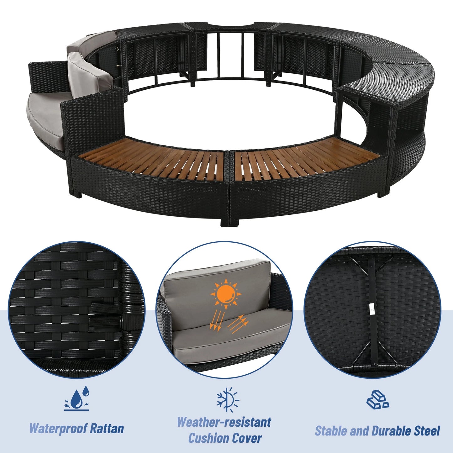 Round Hot Tub Surround Furniture, Spa Surround Outdoor Rattan Sectional Sofa Set with Mini Sofa, Solid Acacia Wood Hot Tub Storage Surround Patio Furniture Set, Gray Cushion