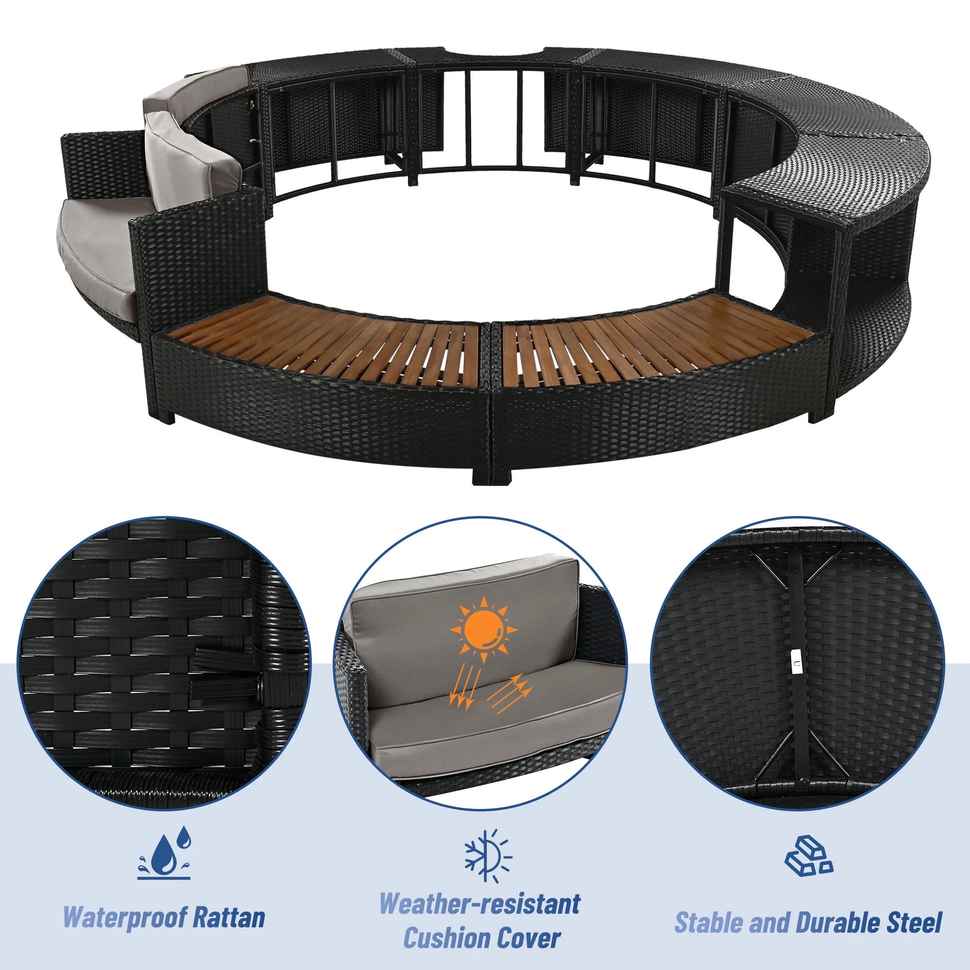 Round Hot Tub Surround Furniture, Spa Surround Outdoor Rattan Sectional Sofa Set with Mini Sofa, Solid Acacia Wood Hot Tub Storage Surround Patio Furniture Set, Gray Cushion