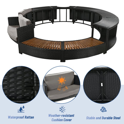 Round Hot Tub Surround Furniture, Spa Surround Outdoor Rattan Sectional Sofa Set with Mini Sofa, Solid Acacia Wood Hot Tub Storage Surround Patio Furniture Set, Gray Cushion