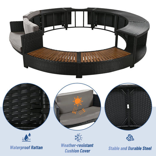 Round Hot Tub Surround Furniture, Spa Surround Outdoor Rattan Sectional Sofa Set with Mini Sofa, Solid Acacia Wood Hot Tub Storage Surround Patio Furniture Set, Gray Cushion