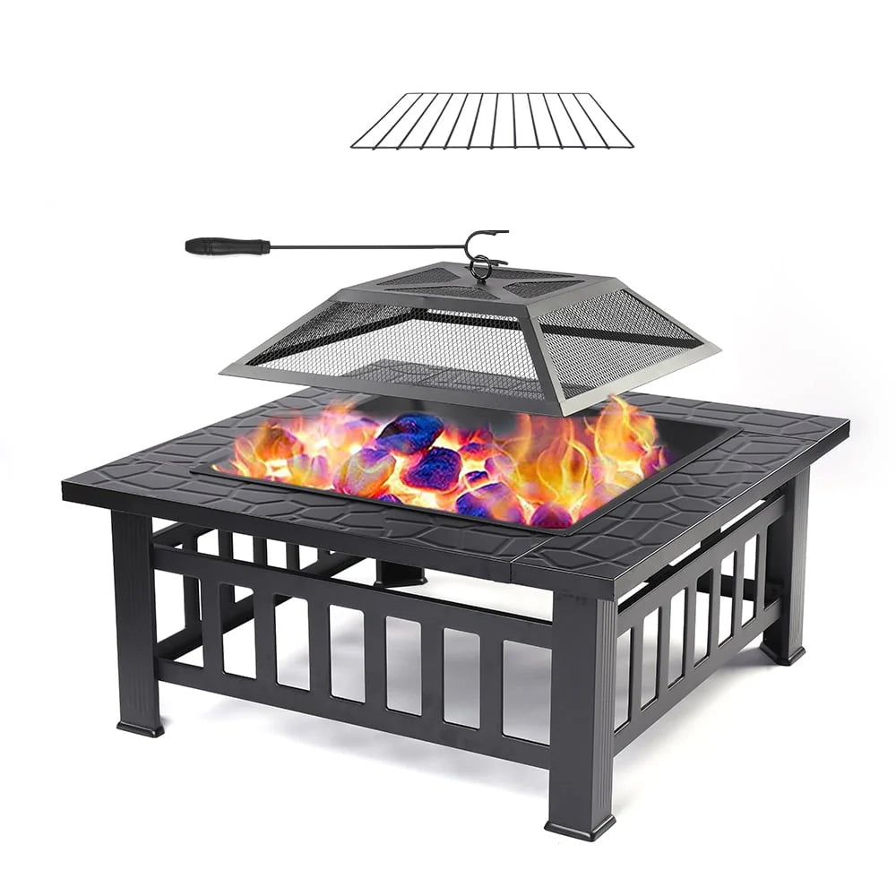 SEGMART Outdoor Fire Pit, 32" Square Metal Fire Pit Table, Stove Wood Burning Fire Pit Bowl, Spark Screen & Log Poker, Ideal for Yard Patio Beach Picnic Bonfire