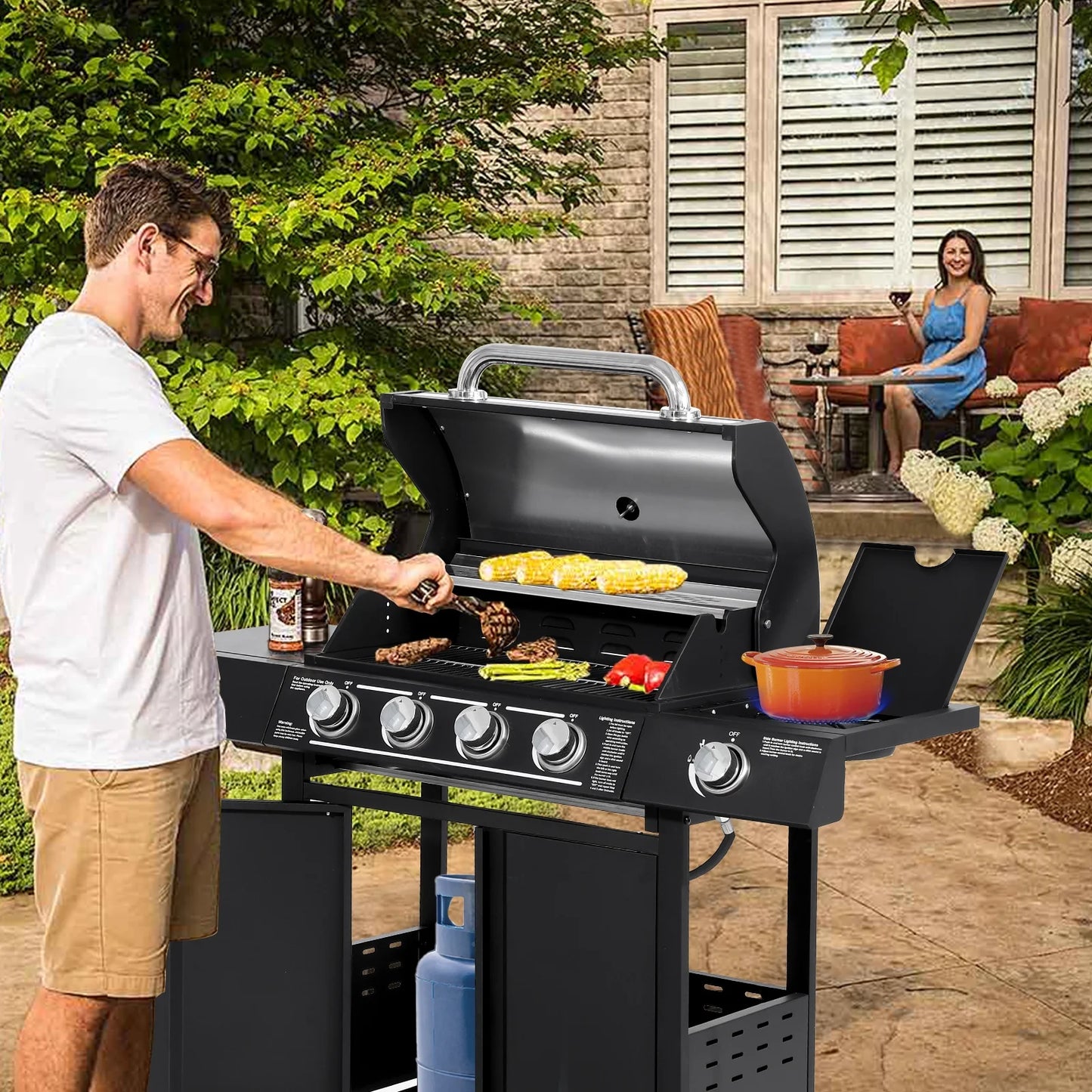 Haverchair 4-Burner Gas Grill Propane with Side Burner 50,000 BTU Outdoor BBQ Propane Gas Grill Cart Barbecue Grill for Patio Garden Picnic Backyard Cooking Camping,Black