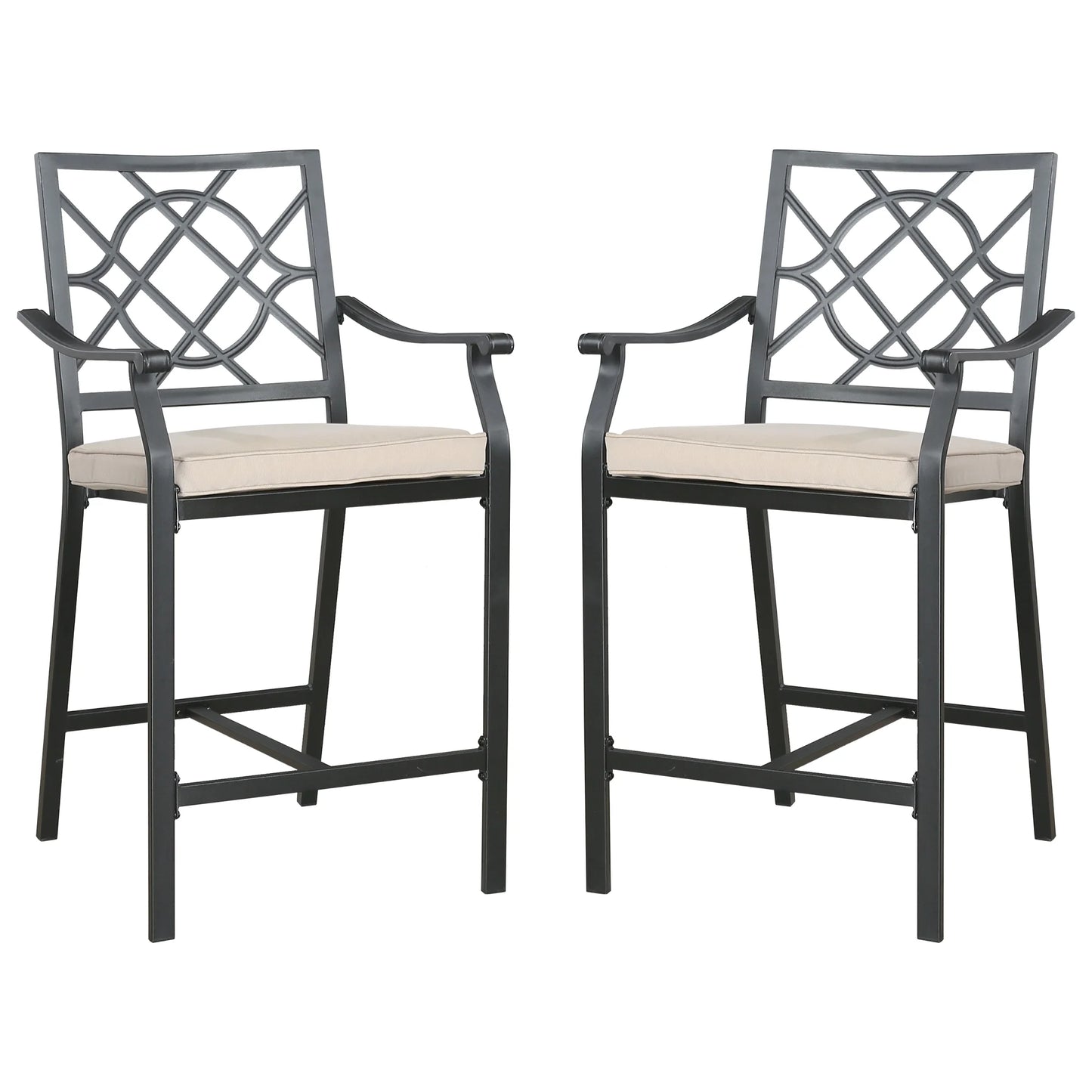 Ulax Furniture Outdoor Bar Stools Metal Patio Counter Height Bar Stool Chairs with Beige Cushion, Set of 2