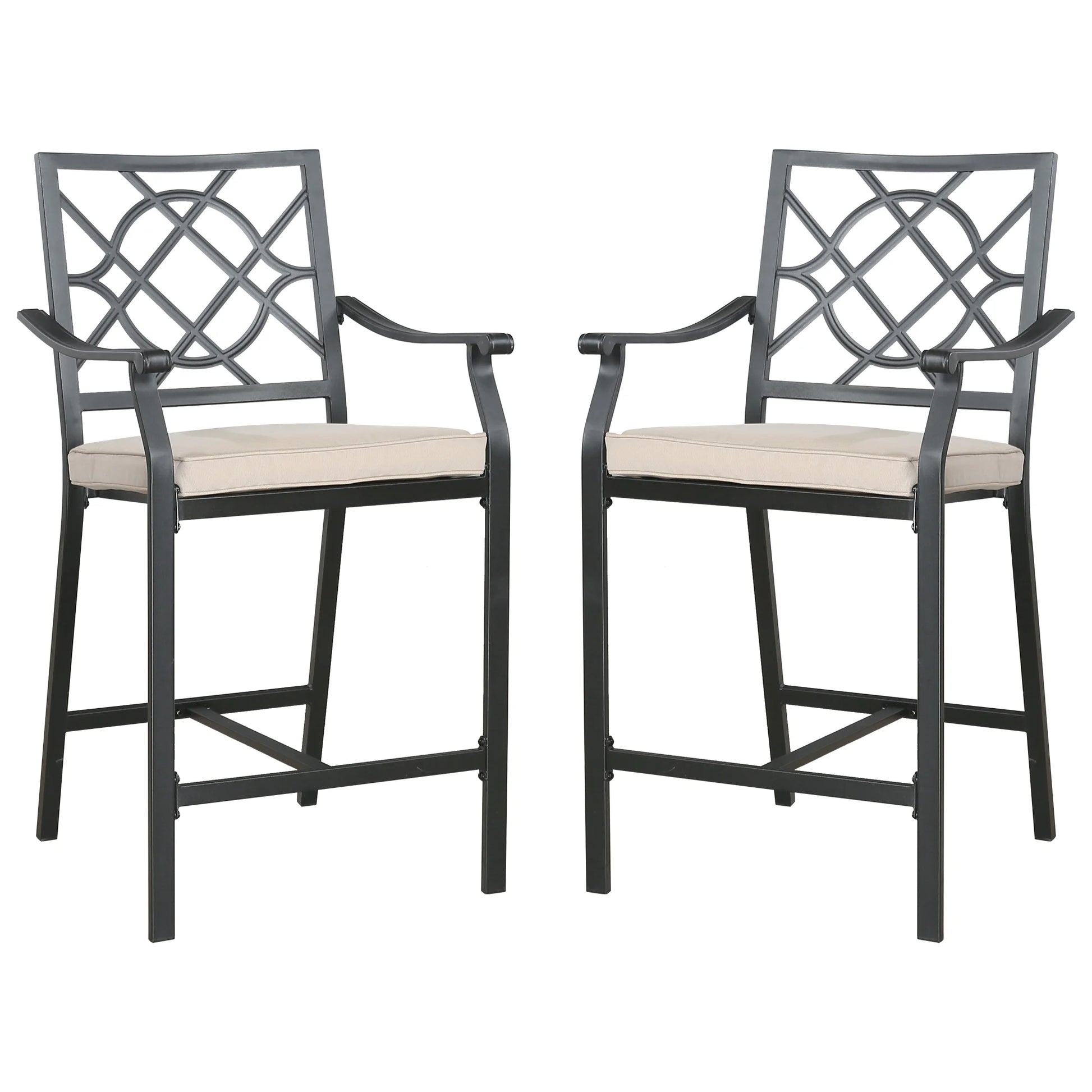 Ulax Furniture Outdoor Bar Stools Metal Patio Counter Height Bar Stool Chairs with Beige Cushion, Set of 2