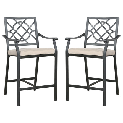 Ulax Furniture Outdoor Bar Stools Metal Patio Counter Height Bar Stool Chairs with Beige Cushion, Set of 2