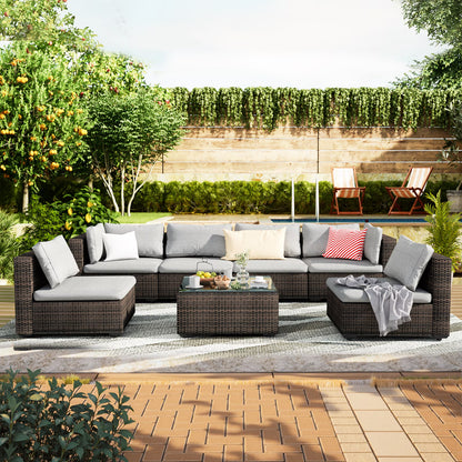 Grezone 7 Patio Outdoor Furniture Wicker Sectional Sofa Couch Lawn Sectional, Black