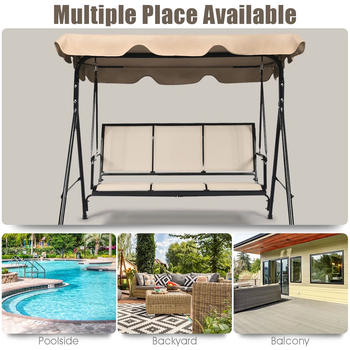 Gymax Brown Outdoor Swing Canopy Patio Swing Chair 3 Person Canopy Hammock