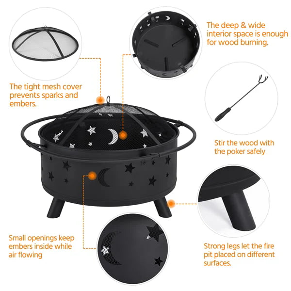 SMILE MART Iron Fire Pit Set Heating Equipment Camping Fire Bowl with Poker Mesh Cover for BBQ Backyard Patio Outdoor Fireplace Black