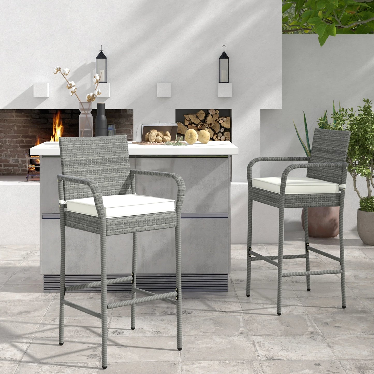 Gymax Set of 4 Rattan Patio Bar Stools Outdoor Bar Height Chairs w/Cushions