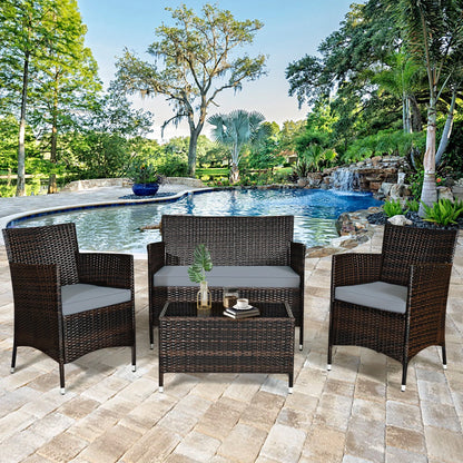Gymax 4PCS Patio Rattan Conversation Furniture Set Outdoor w/Gray Cushion